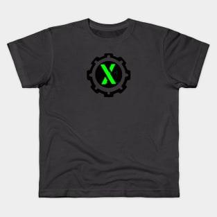 Green Letter X in a Black Industrial Cog Kids T-Shirt